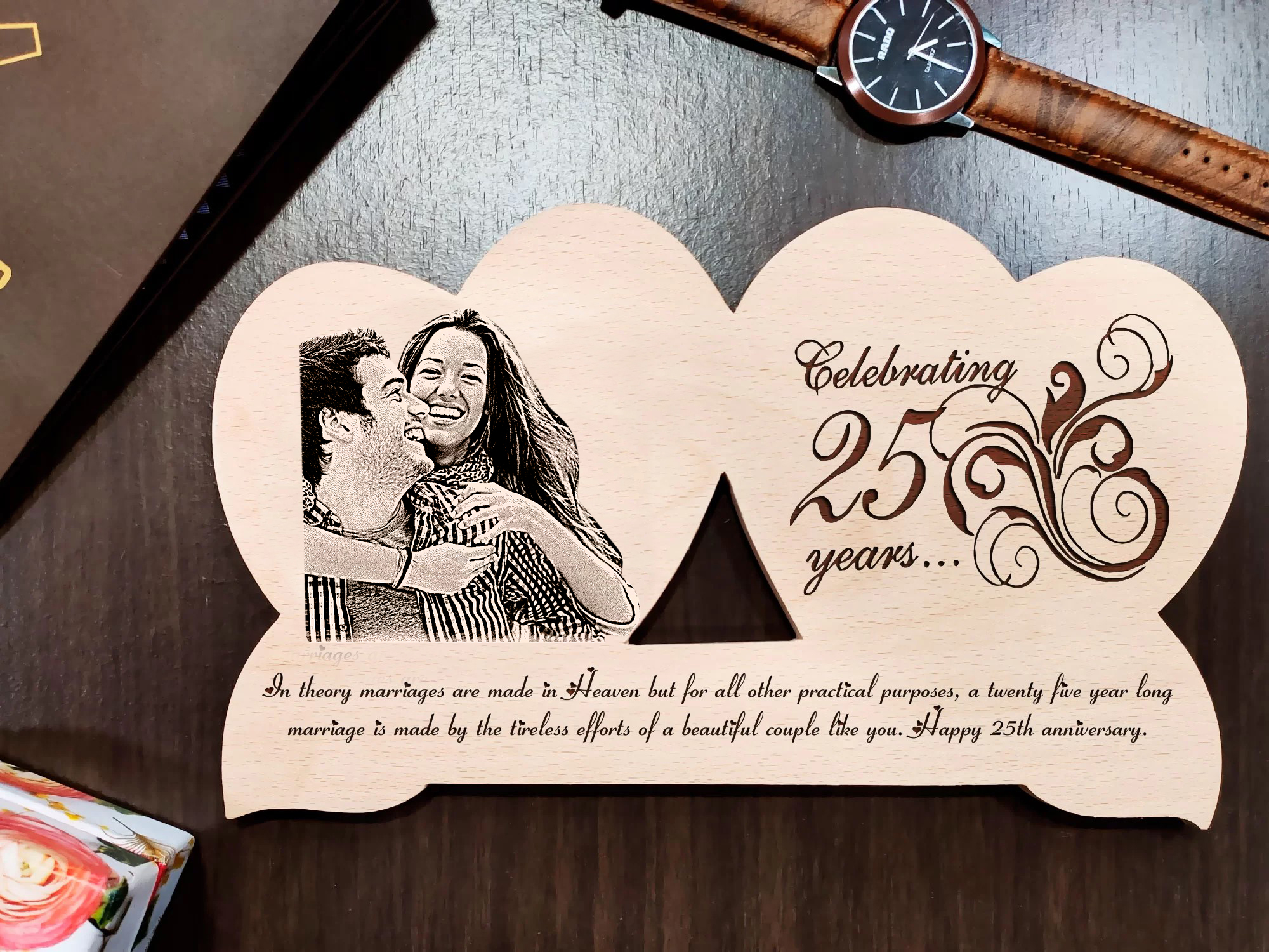 Wooden envelope-shaped keepsake engraved with love letter and heart icon