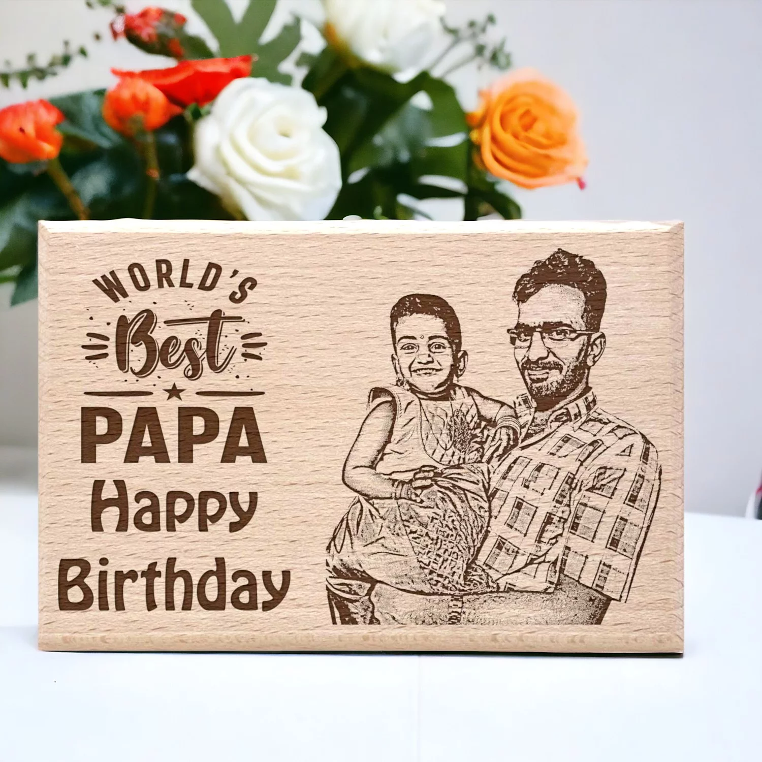 Engraved wooden coaster set with family crest design