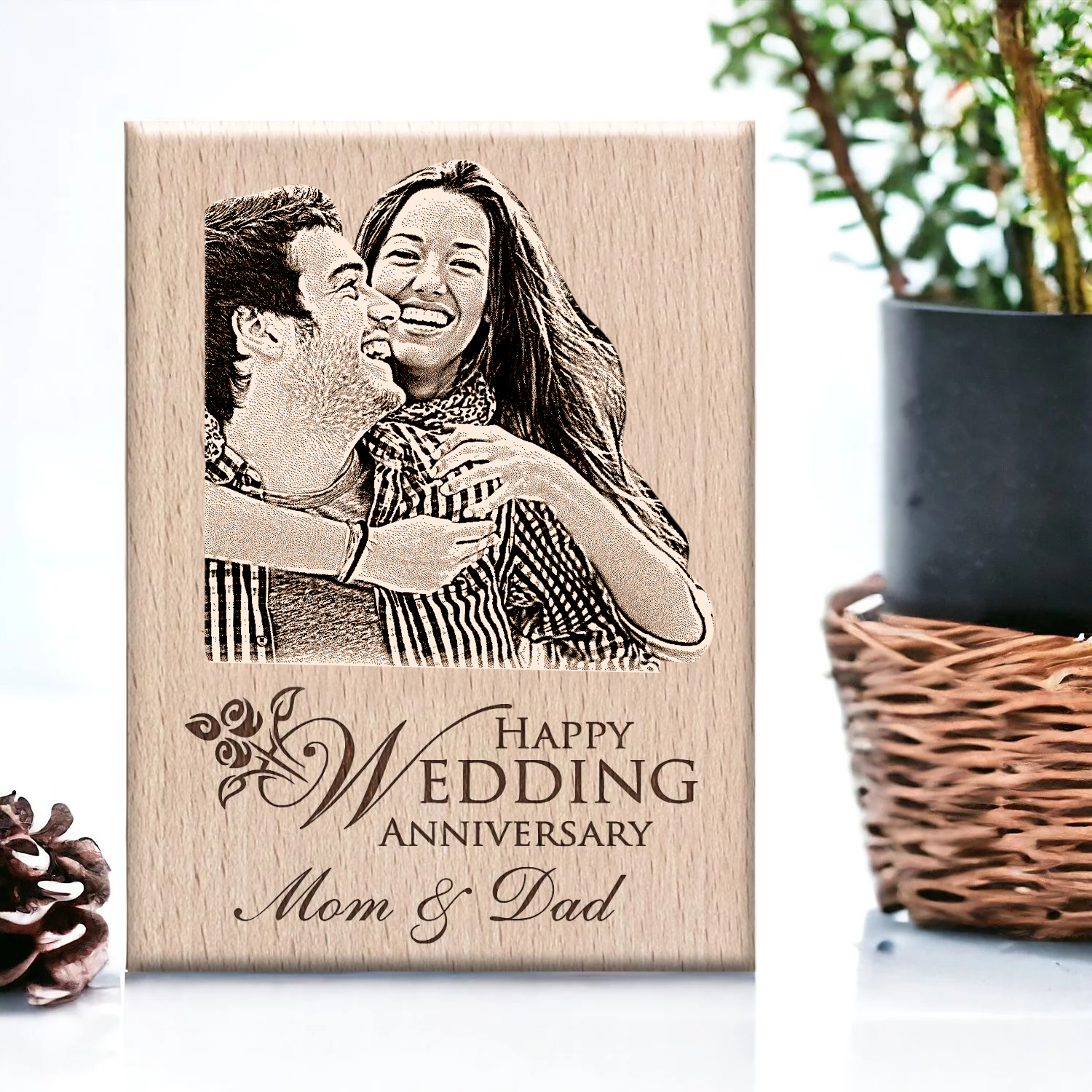 Laser-engraved wood gift with custom tex