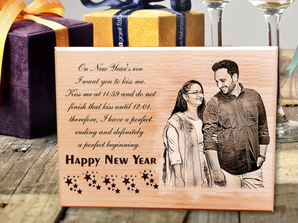 Wooden plaque engraved with coordinates of the couple’s first date location