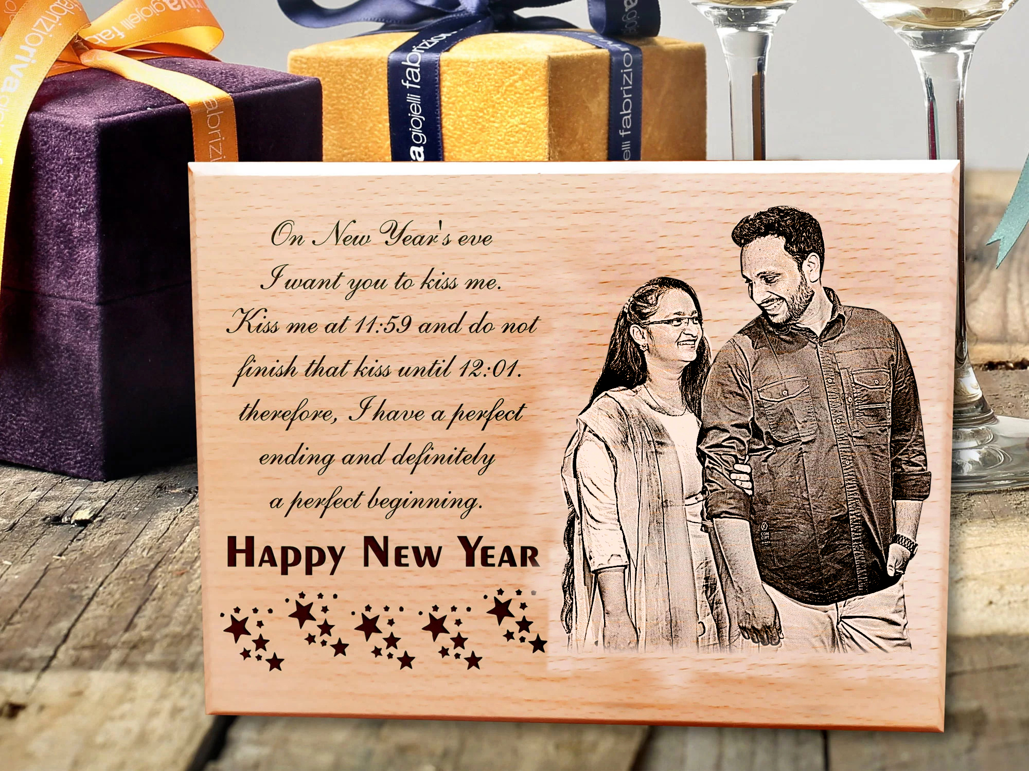 Wooden plaque engraved with coordinates of the couple’s first date location