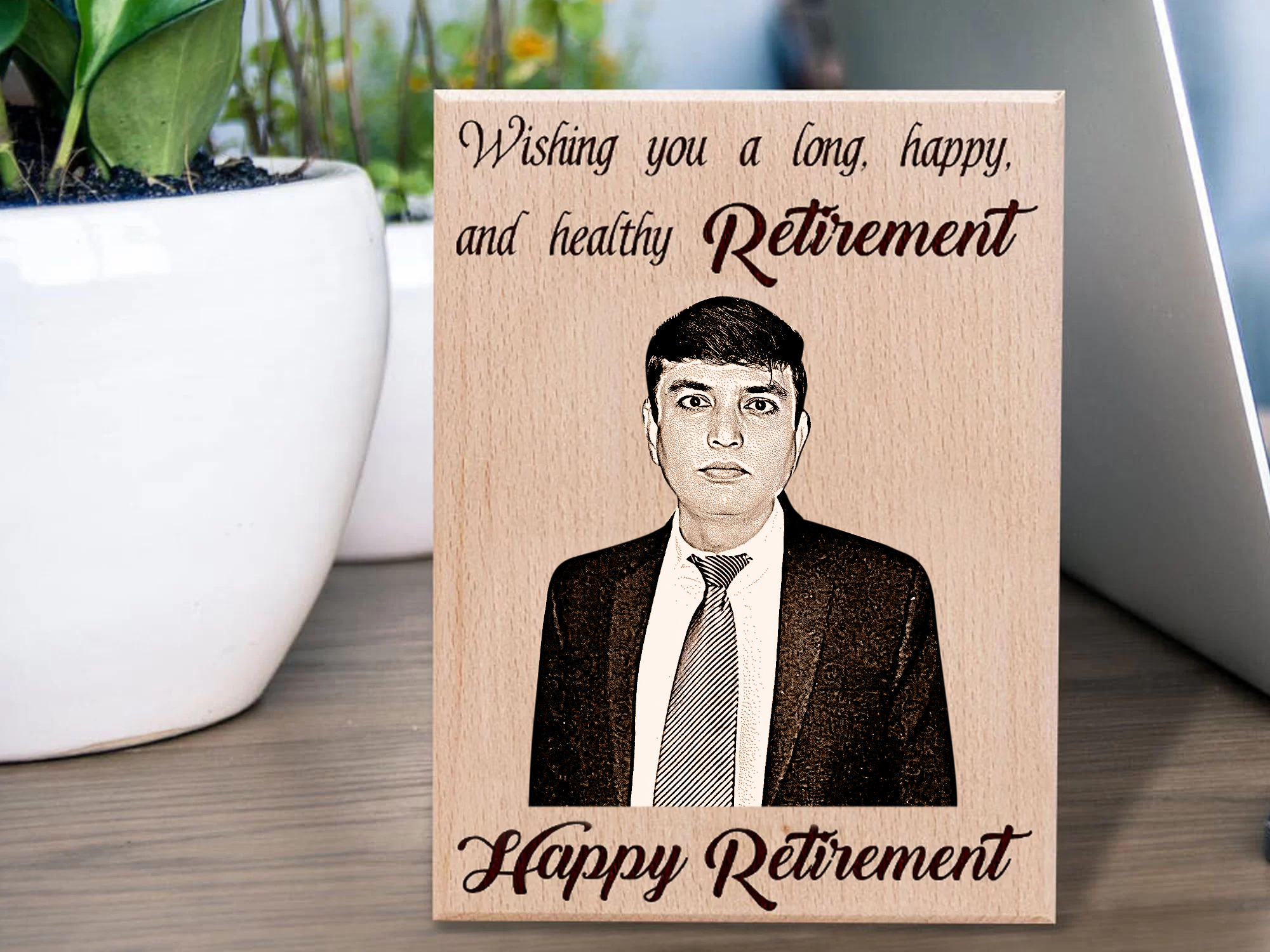 Engraved wooden plaque with graduate’s name, degree, and year of graduation