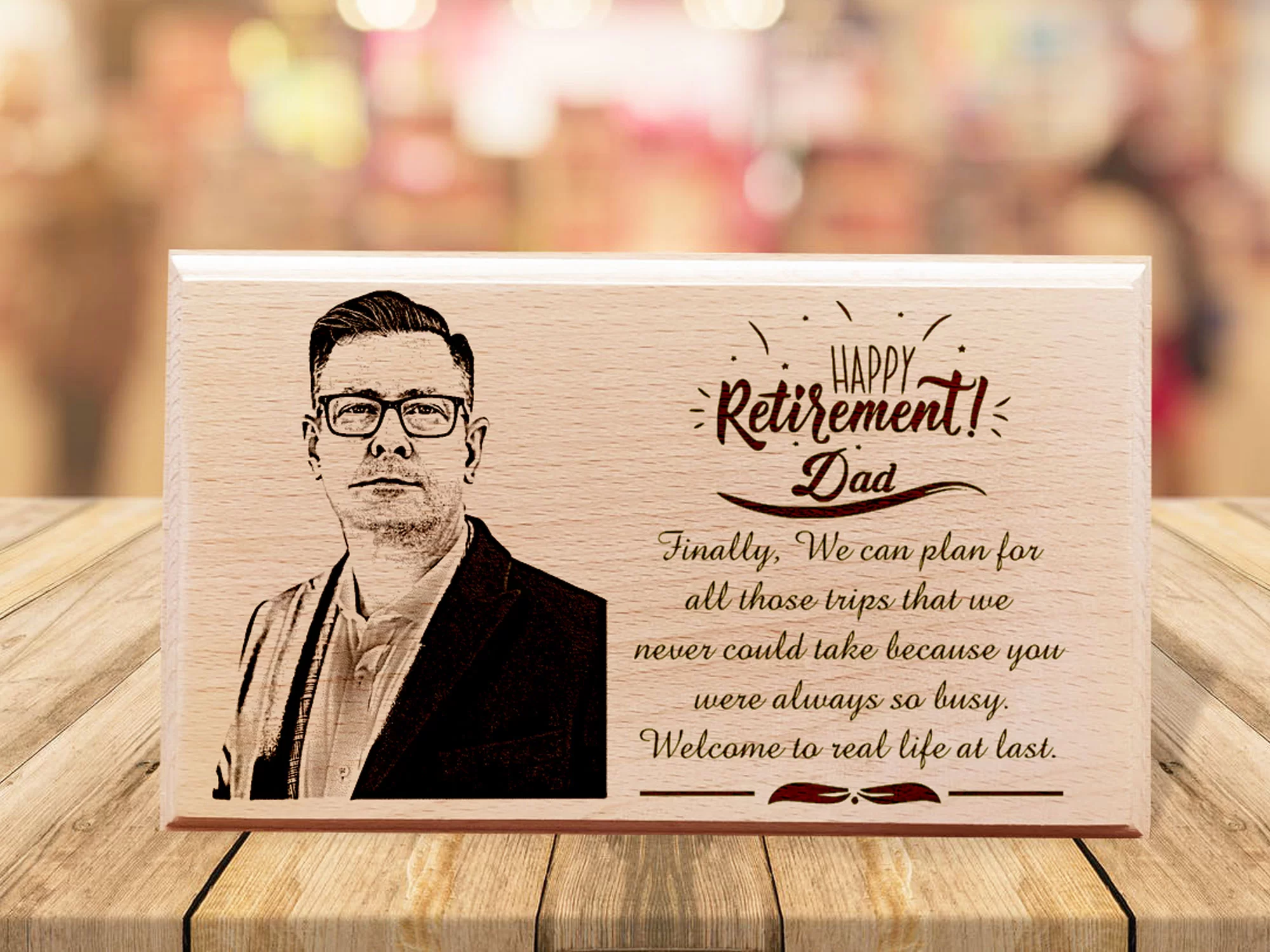 Engraved wooden plaque with couple’s names and wedding date