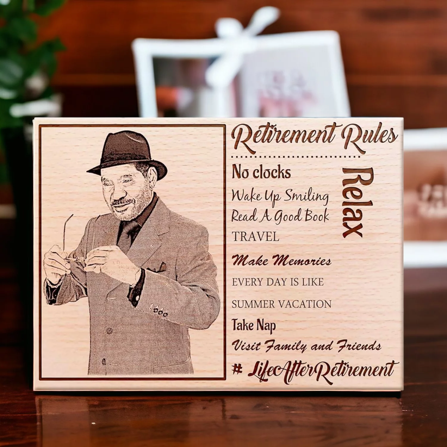 Engraved wooden serving tray with family monogram