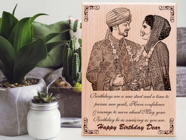 Engraved wood surface with decorative border and text
