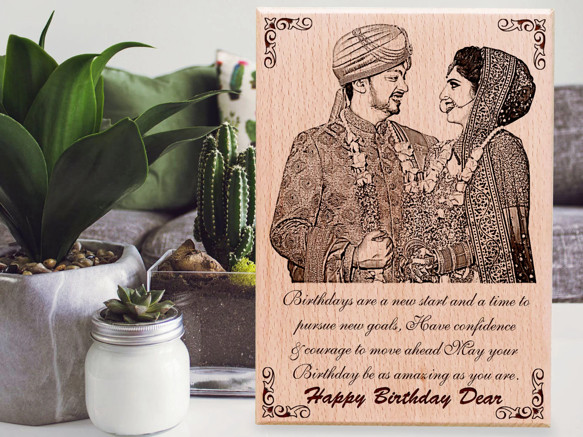 Engraved wood surface with decorative border and text